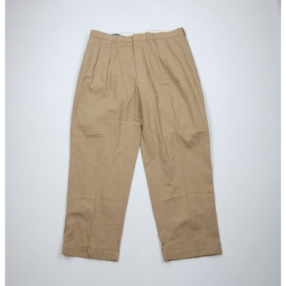Vtg 90s Ralph Lauren Mens 38x30 Herringbone Wide Leg Chino Pants Beige Cotton